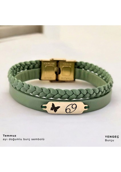 14 Ayar Altın Plakalı Temmuz Ayı Doğumlarına Kelebek Figürlü Yeşil Derili Hediye BILEKLIK-660AY fiyatları