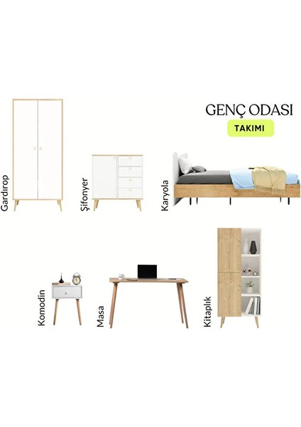 Genç Odası Takımı 6 Parça | Gardırop + Karyola + Şifonyer + Komodin + Çalışma Masası + Kitaplık |