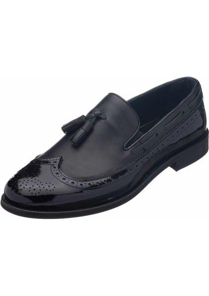 NV1930 Siyah Rugan Püsküllü Analin Neolit Taban Üst Kalite Deri Büyük Numara Erkek Ayakkabı