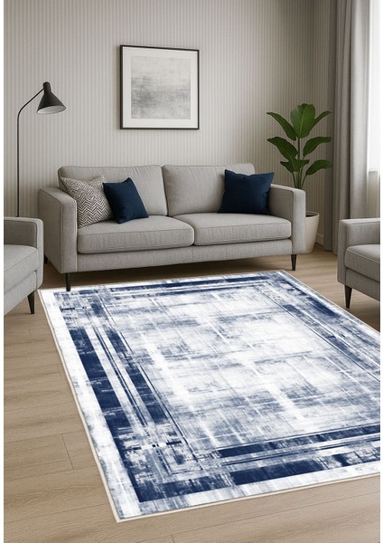 Lacivert Gri Dijital Baskı Salon Halısı Kaymaz Tabanlı Yıkanabilir Halı Yolluk