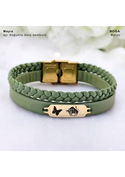 Altın Plakalı 14 Ayar Boğa Burçları Için Doğal Yeşil Derili Kelebek Figürlü Hediye BILEKLIK-660BURÇ fiyatları