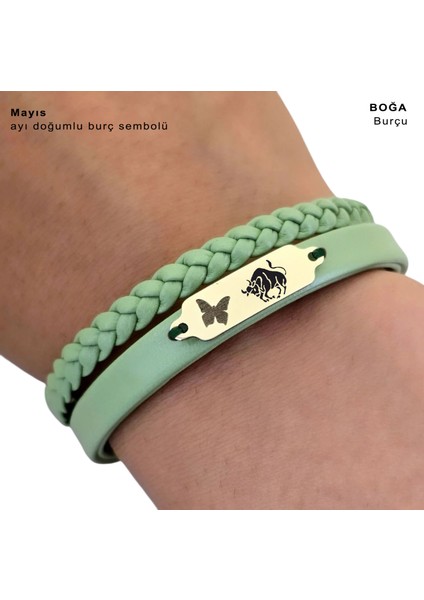 Altın Plakalı 14 Ayar Boğa Burçları Için Doğal Yeşil Derili Kelebek Figürlü Hediye BILEKLIK-660BURÇ fırsatları