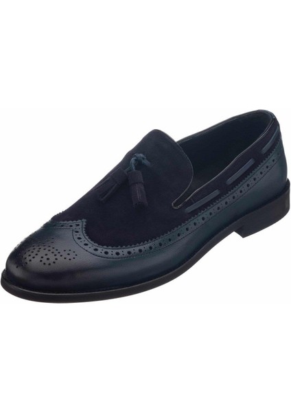 NV1930 Lacivert Garnili Püsküllü Analin Neolit Taban Üst Kalite Deri Büyük Numara Erkek Ayakkabı