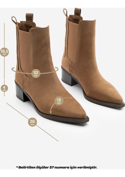 Kadın Sivri Burun Arkadan Fermuarlı Kovboy Çift Lastikli Western Bot Mirona Taba Süet