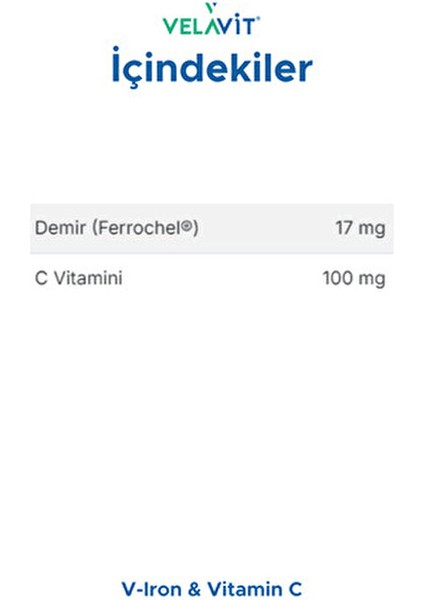 V-Iron & Vitamin C 30 Tablet Vegan Besin Takviyesi, Gluten ve Şekersiz