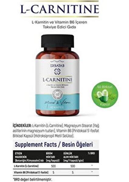 L-Karnitin 60 Kapsül B6 Vitamini ile Enerji Metabolizmasını Destekler indirimleri