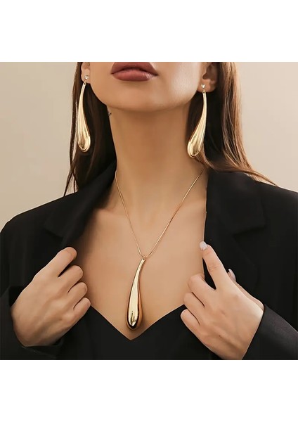 Altın Kaplama Damla Model Büyük Kolye Küpe Seti Tasarım Takı Seti