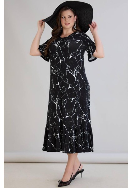 Kadın Dora Büyük Beden Volanlı Mermer Desen Siyah Elbise