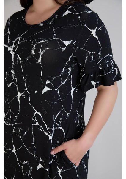 Kadın Dora Büyük Beden Volanlı Mermer Desen Siyah Elbise fiyatları