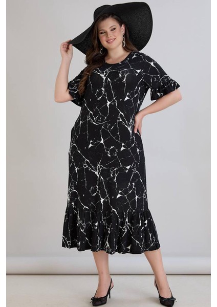 Kadın Dora Büyük Beden Volanlı Mermer Desen Siyah Elbise modelleri