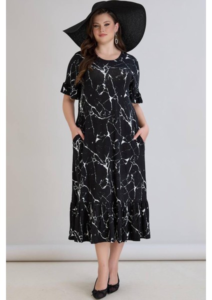 Kadın Dora Büyük Beden Volanlı Mermer Desen Siyah Elbise fırsatları