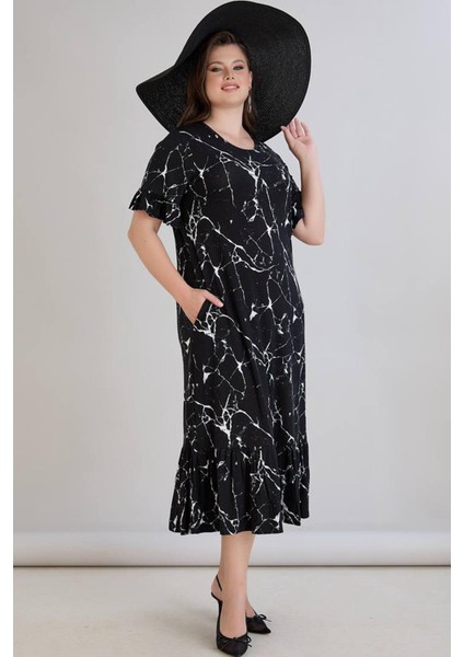 Kadın Dora Büyük Beden Volanlı Mermer Desen Siyah Elbise indirimleri