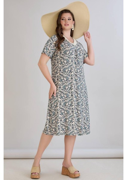 Kadın Beliz Büyük Beden Dantelli Kısa Kollu Turkuaz Elbise