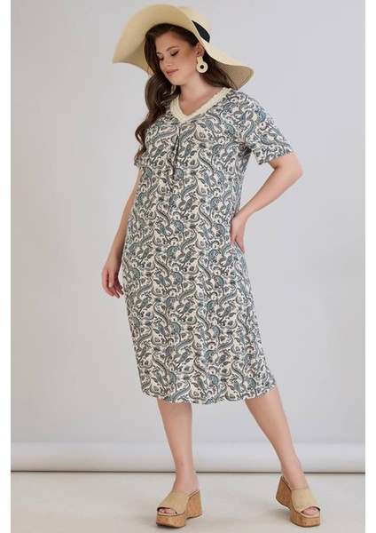 Kadın Beliz Büyük Beden Dantelli Kısa Kollu Turkuaz Elbise modelleri