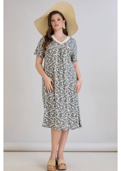 Kadın Beliz Büyük Beden Dantelli Kısa Kollu Turkuaz Elbise indirimleri