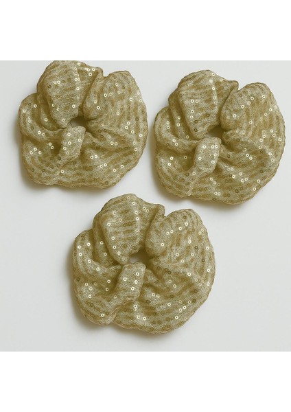 Handmade Simit Saç Tokası Bej Simli Pullu 10CM Lastikli Parlak Scrunchie - 3 Adet
