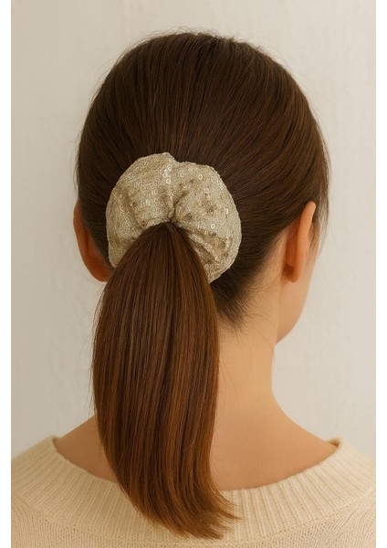 Handmade Simit Saç Tokası Bej Simli Pullu 10CM Lastikli Parlak Scrunchie - 3 Adet fiyatları