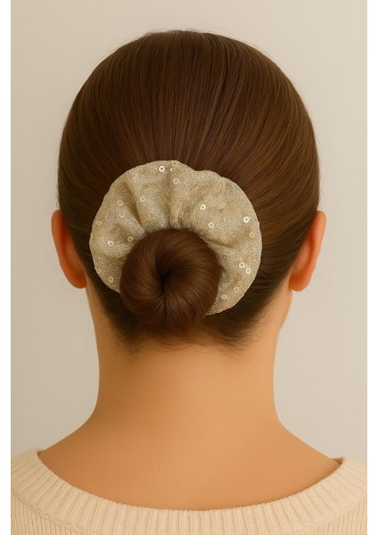 Handmade Simit Saç Tokası Bej Simli Pullu 10CM Lastikli Parlak Scrunchie - 3 Adet modelleri