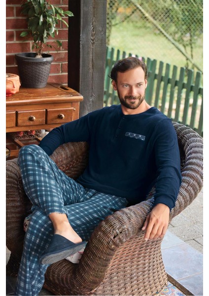 Erkek Aras Kışlık Termal Rahat Lacivert Pijama Takımı 0781