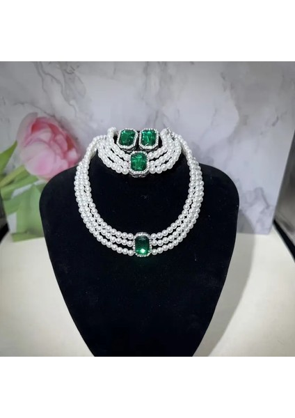 Zirkontaşlı 3 Sıra Inci Takı Seti modelleri