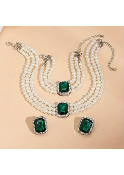 Zirkontaşlı 3 Sıra Inci Takı Seti