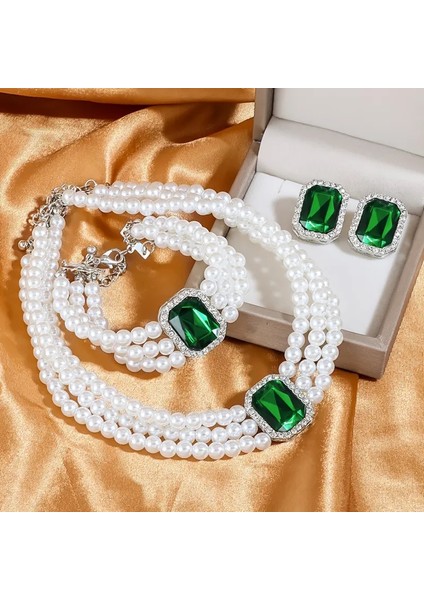 Zirkontaşlı 3 Sıra Inci Takı Seti