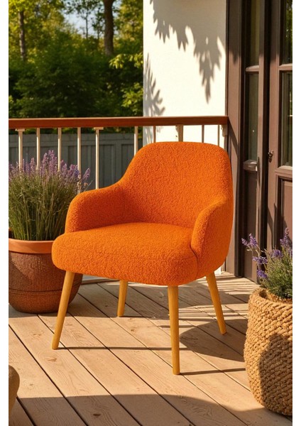 Makyaj Masası Sandalyesi, Ahşap Ayaklı, Peluş Teddy Kumaş, Dekoratif Puf Sırtlı, Berjer