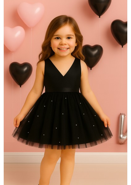 Kız Çocuk Siyah Anvelop Yaka Eteği Incili Kırmızı Mezuniyet Doğum Günü Elbise