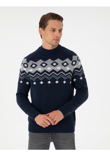 Erkek Lacivert Slim Fit Çeyrek Yaka Triko Kazak 50296448-VR033