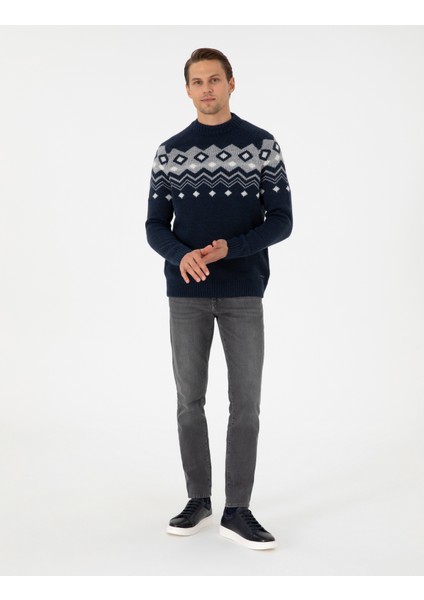 Erkek Lacivert Slim Fit Çeyrek Yaka Triko Kazak 50296448-VR033 fırsatları