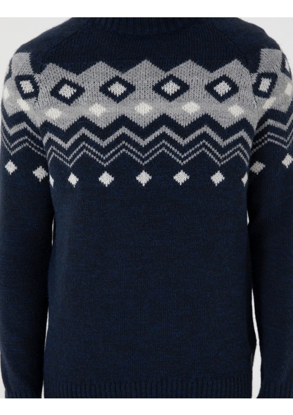 Erkek Lacivert Slim Fit Çeyrek Yaka Triko Kazak 50296448-VR033