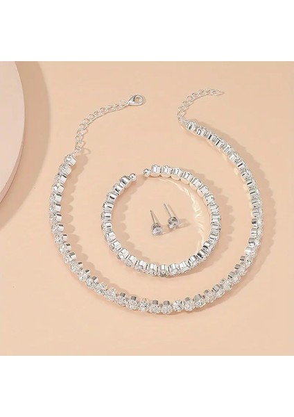 Diva Altın Kaplama Zirkon Taşlı Takı Seti Kolye Küpe Bileklik Seti Abiye Set Düğün Nişan Seti