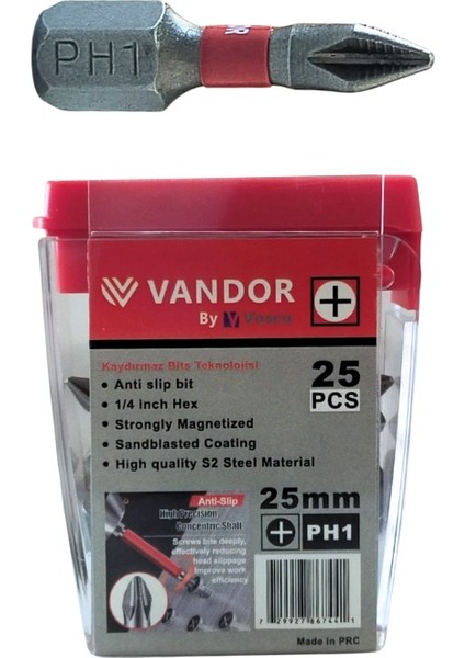 Vandor Anti Slip Bit Kaydırmaz Bits S2 Yüksek Kalite Çelik Ph1-25 ( 1 Adet ) modelleri