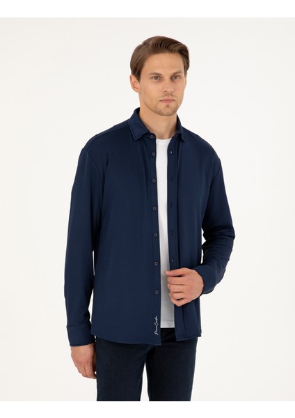 Erkek Lacivert Slim Fit Örme Gömlek 50293240-VR033