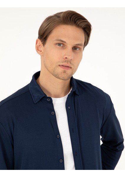 Erkek Lacivert Slim Fit Örme Gömlek 50293240-VR033 fiyatları