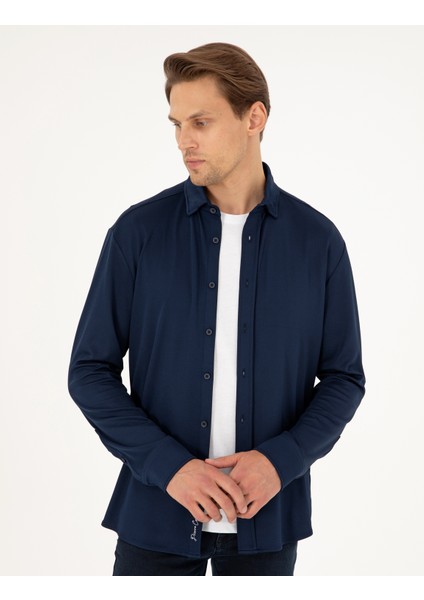 Erkek Lacivert Slim Fit Örme Gömlek 50293240-VR033 modelleri