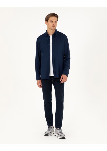 Erkek Lacivert Slim Fit Örme Gömlek 50293240-VR033 fırsatları