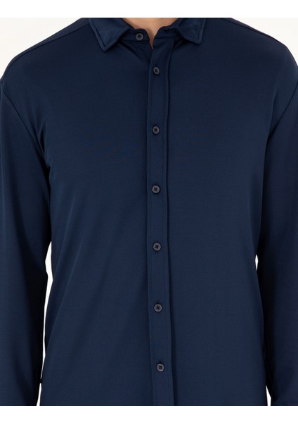 Erkek Lacivert Slim Fit Örme Gömlek 50293240-VR033
