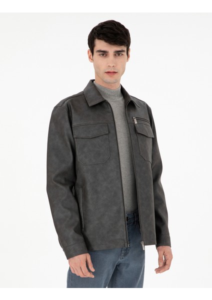 Erkek Lacivert Gömlek Yaka Suni Deri Ceket 50300561-200