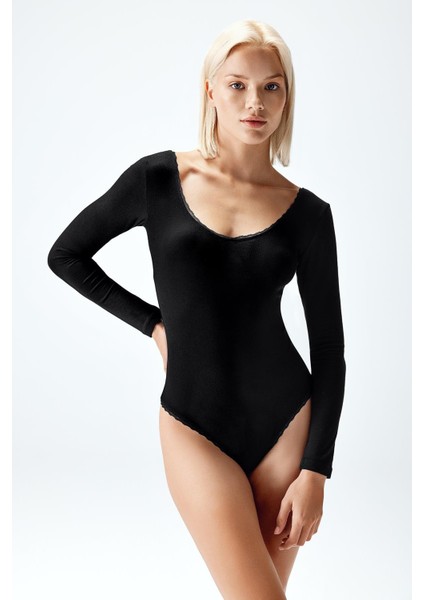 Kadın Dantel Detaylı Viskon Body Siyah Renk