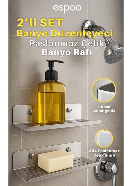 Yapışkanlı ve Vidalı Paslanmaz Çelik Banyo Rafı, Düzenleyici Duşakabin Için Şampuanlık Sabunluk Seti