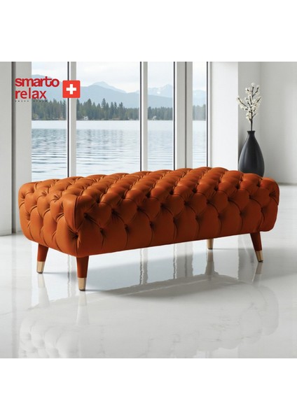 Swiss Style Puf Adelboden Kapitone Puf,baby face Polyester Kaplama,Ahşap Ayaklı 110x45x40 cm Kapitone Puf,Ayaklı(Toruncu)