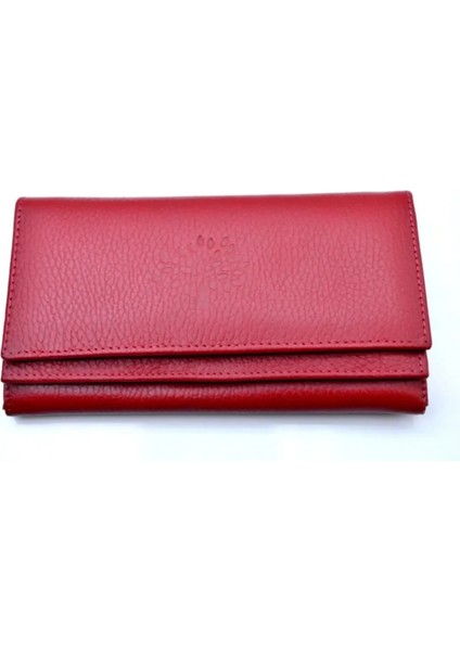 Kadın Kırmızı Hakiki Deri Çok Bölmeli Cüzdan