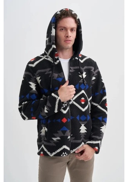 Vintage Desenli Kürklü Regular Fit Kapüşonlu Sweat HIRKA-50940 fırsatları