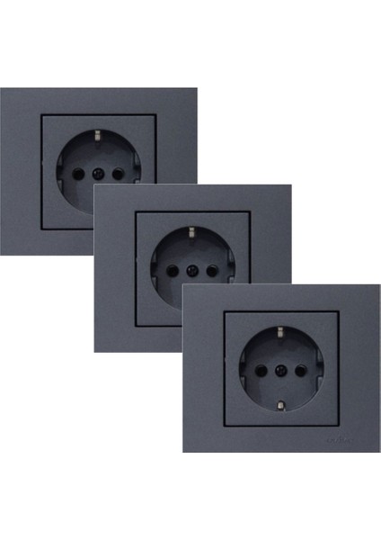 Grano Metalik Füme Topraklı Priz Çerçeveli 3 Adet