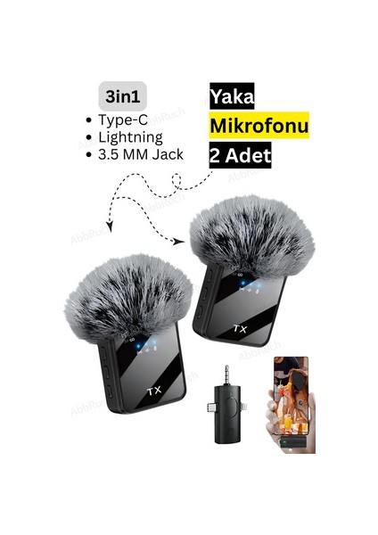 By Sabron 2 Adet F11 Profesyonel Kablosuz Yaka Mikrofonu 3in1 Mikrofon Type-C/lightning/jack