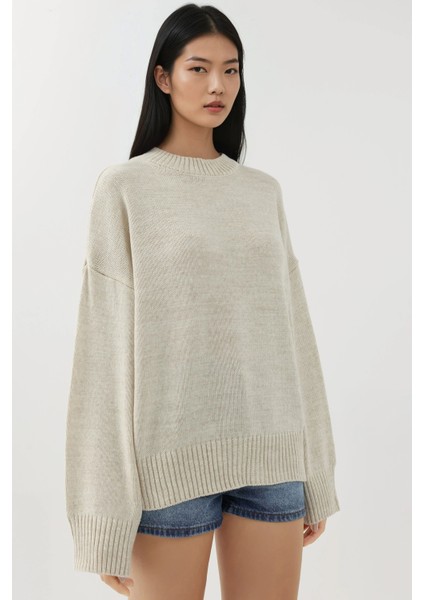 Kadın Bisiklet Yaka Relax Fit Yumuşak Triko Kazak Tozlu Beyaz