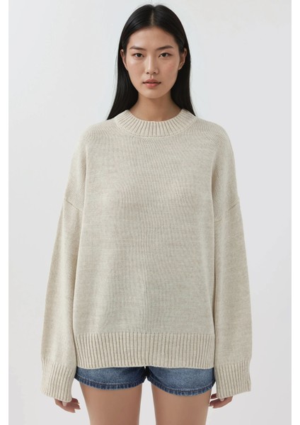 Kadın Bisiklet Yaka Relax Fit Yumuşak Triko Kazak Tozlu Beyaz fiyatları