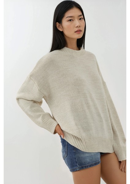 Kadın Bisiklet Yaka Relax Fit Yumuşak Triko Kazak Tozlu Beyaz modelleri