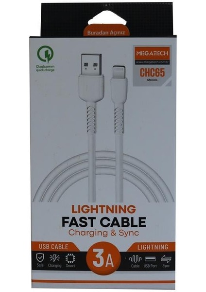 CHC65 3.0A 1mt Lightning Beyaz Şarj Kablosu